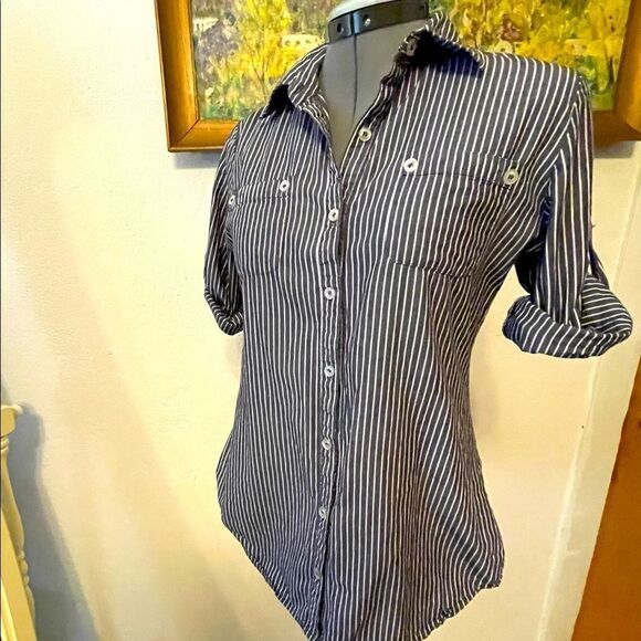 Planet gold striped cotton button up size M - Picture 1 of 10